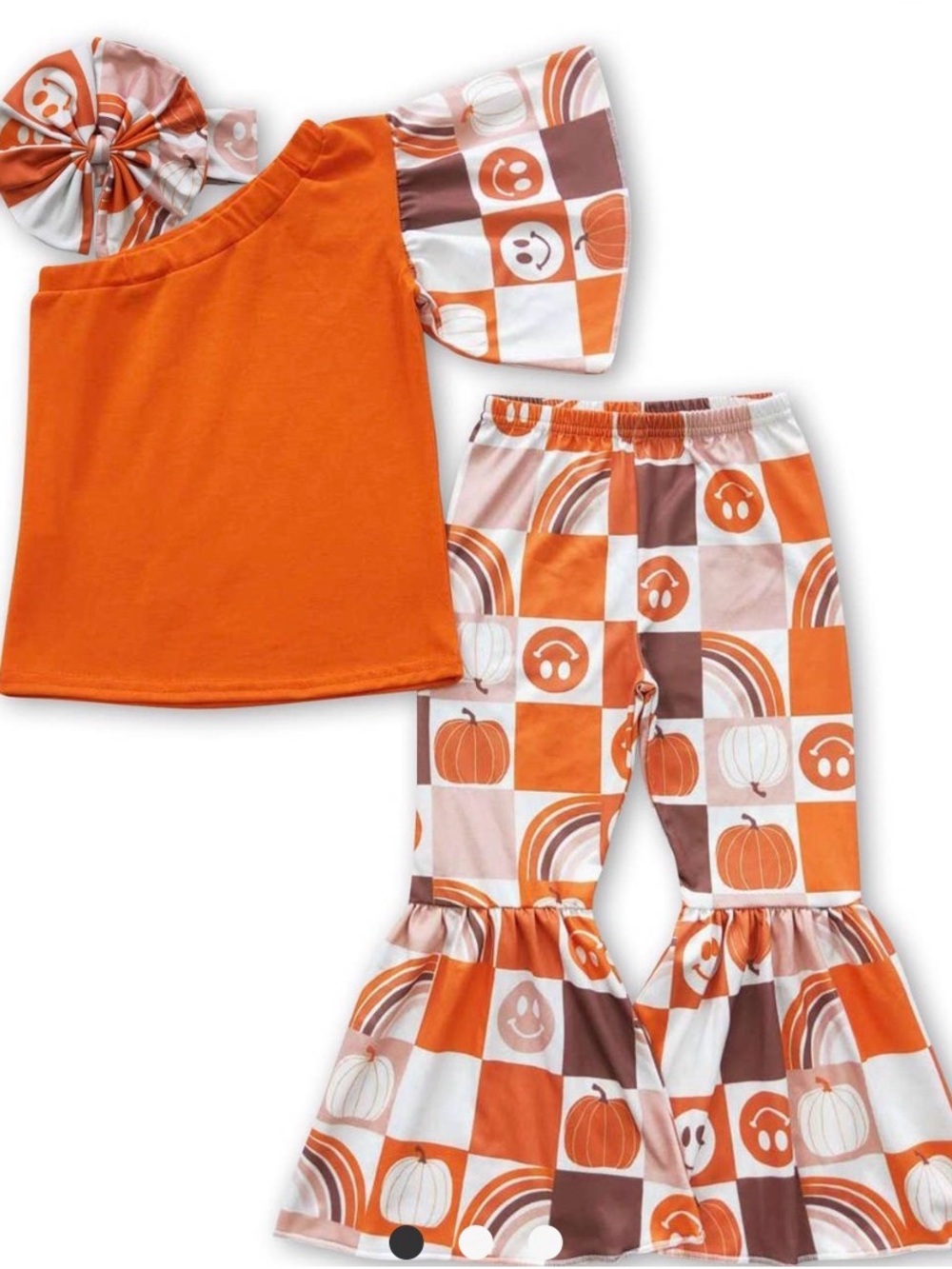 Halloween Pumpkin-Print Orange Kids Ruffle Matching Set with Headband